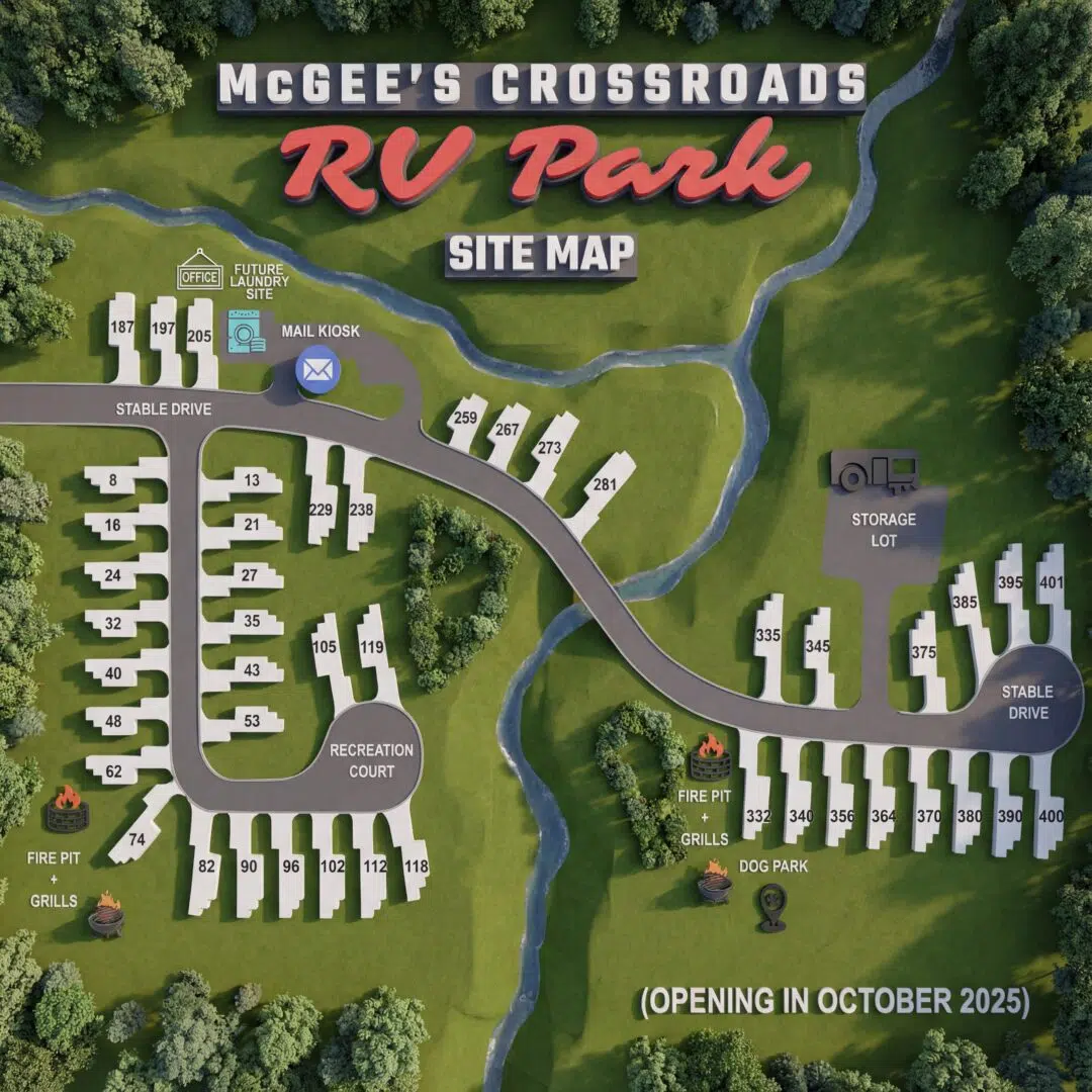 Site map of McGee's Crossroads RV Park showing numbered lots, roads, and the entrance